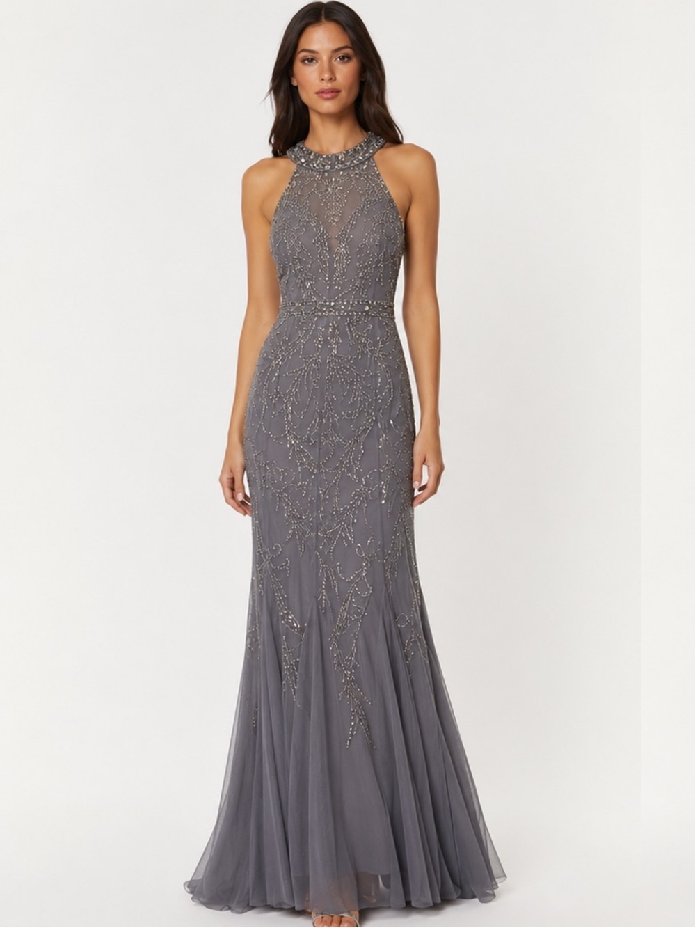 Camille La Vie Beaded Grey Halter Maxi Gown